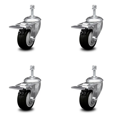 Service Caster 3 Inch Black Polyurethane Swivel 3/8 Inch Stem Caster Set with Total Lock Brake SCC-TSTTL20S314-PPUB-BLK-381615-4